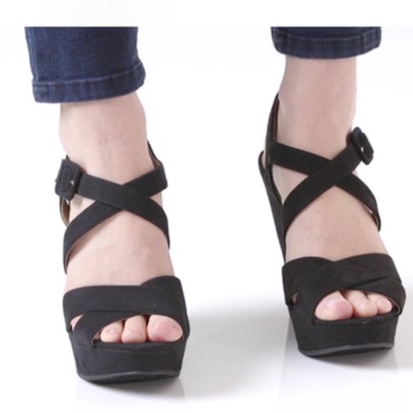 Black Strappy Caged Vamp Platform Wedge Sandals - Picture 7 of 8